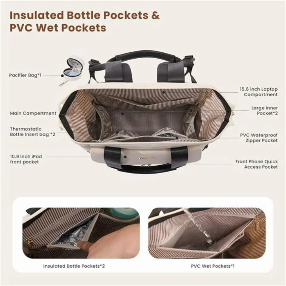 Large Waterproof Diaper Bag Backpack Tote with Insulated Pockets Baby Travel Bag